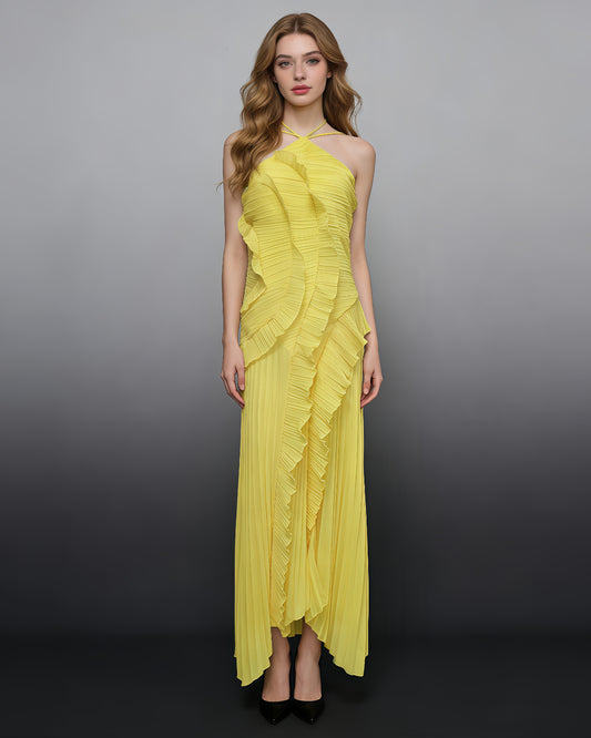 Yellow Halter Ruffle Pleated Maxi Dress