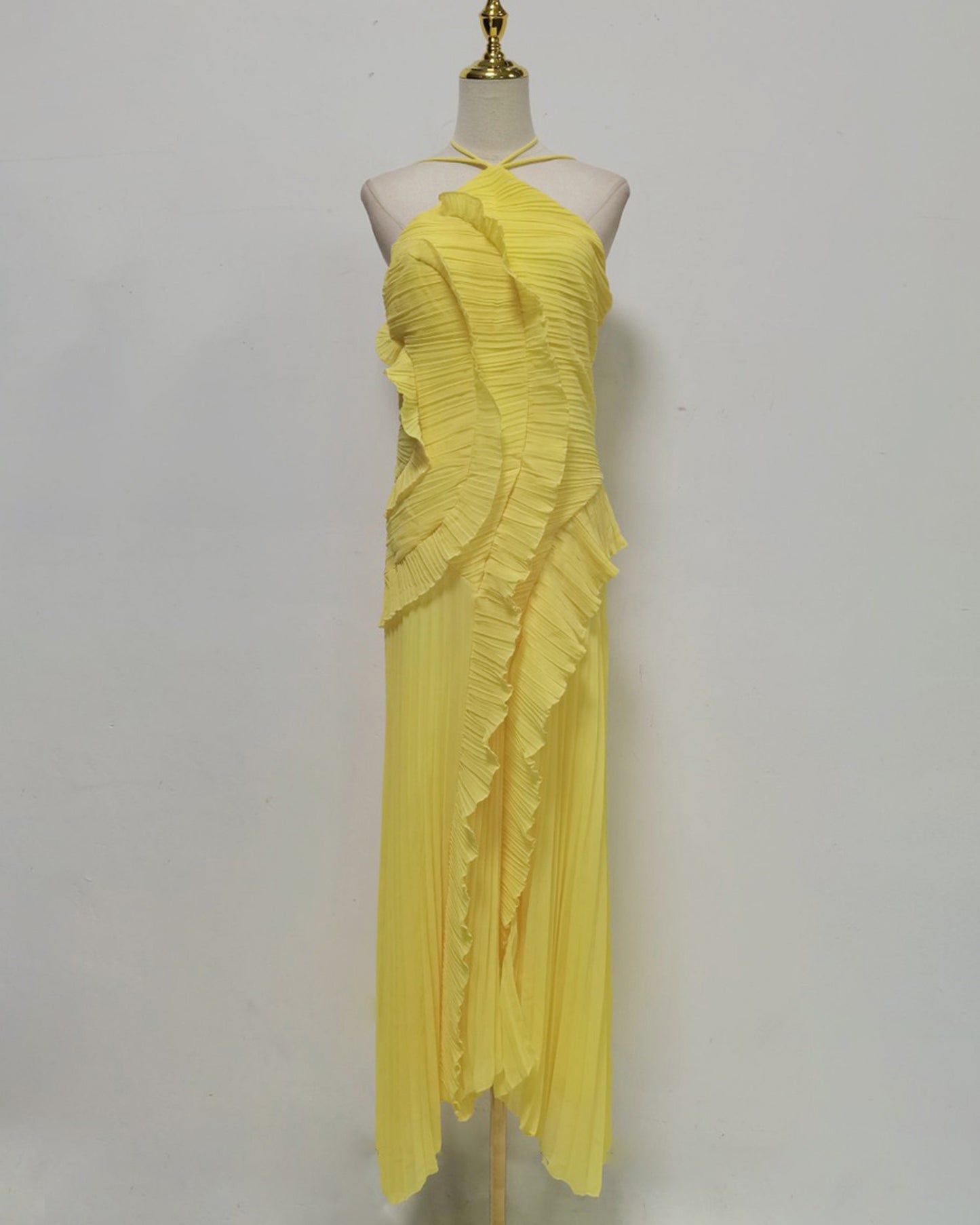 Yellow Halter Ruffle Pleated Maxi Dress