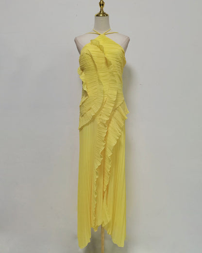 Yellow Halter Ruffle Pleated Maxi Dress