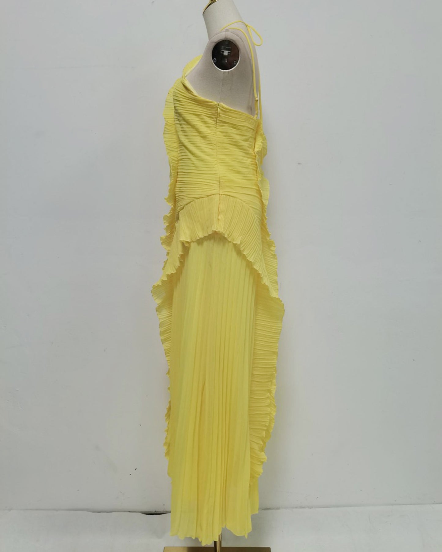Yellow Halter Ruffle Pleated Maxi Dress