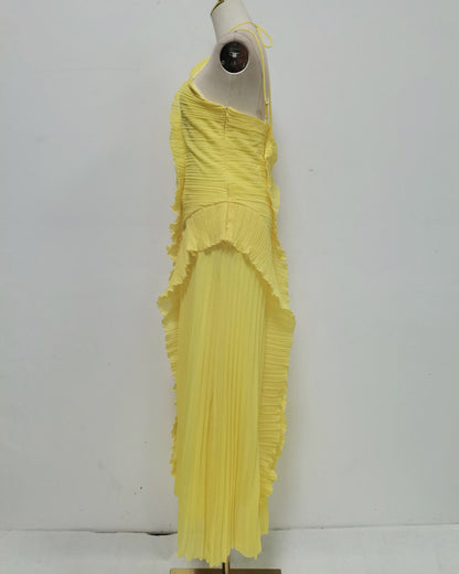 Yellow Halter Ruffle Pleated Maxi Dress