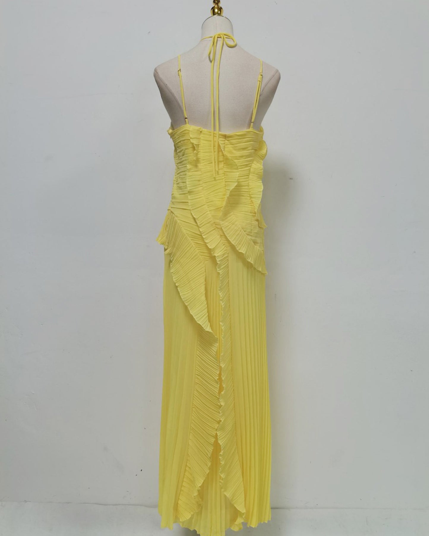 Yellow Halter Ruffle Pleated Maxi Dress
