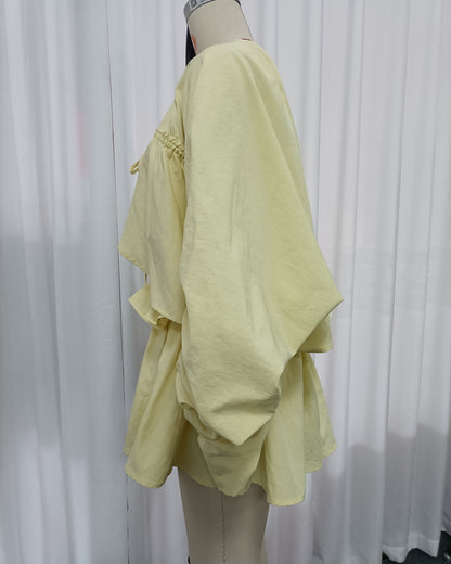Yellow Long Sleeves Top Mini Skirt Set