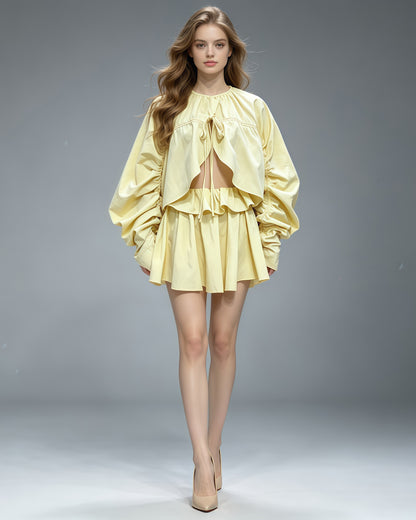 Yellow Long Sleeves Top Mini Skirt Set