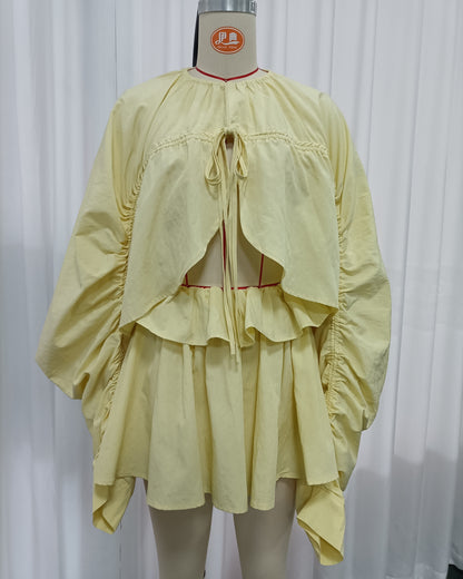 Yellow Long Sleeves Top Mini Skirt Set
