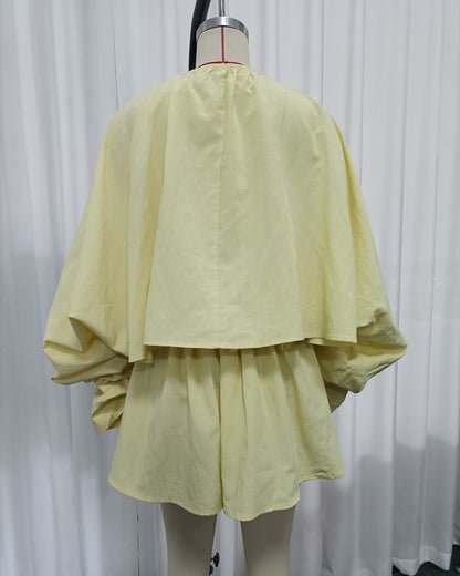 Yellow Long Sleeves Top Mini Skirt Set