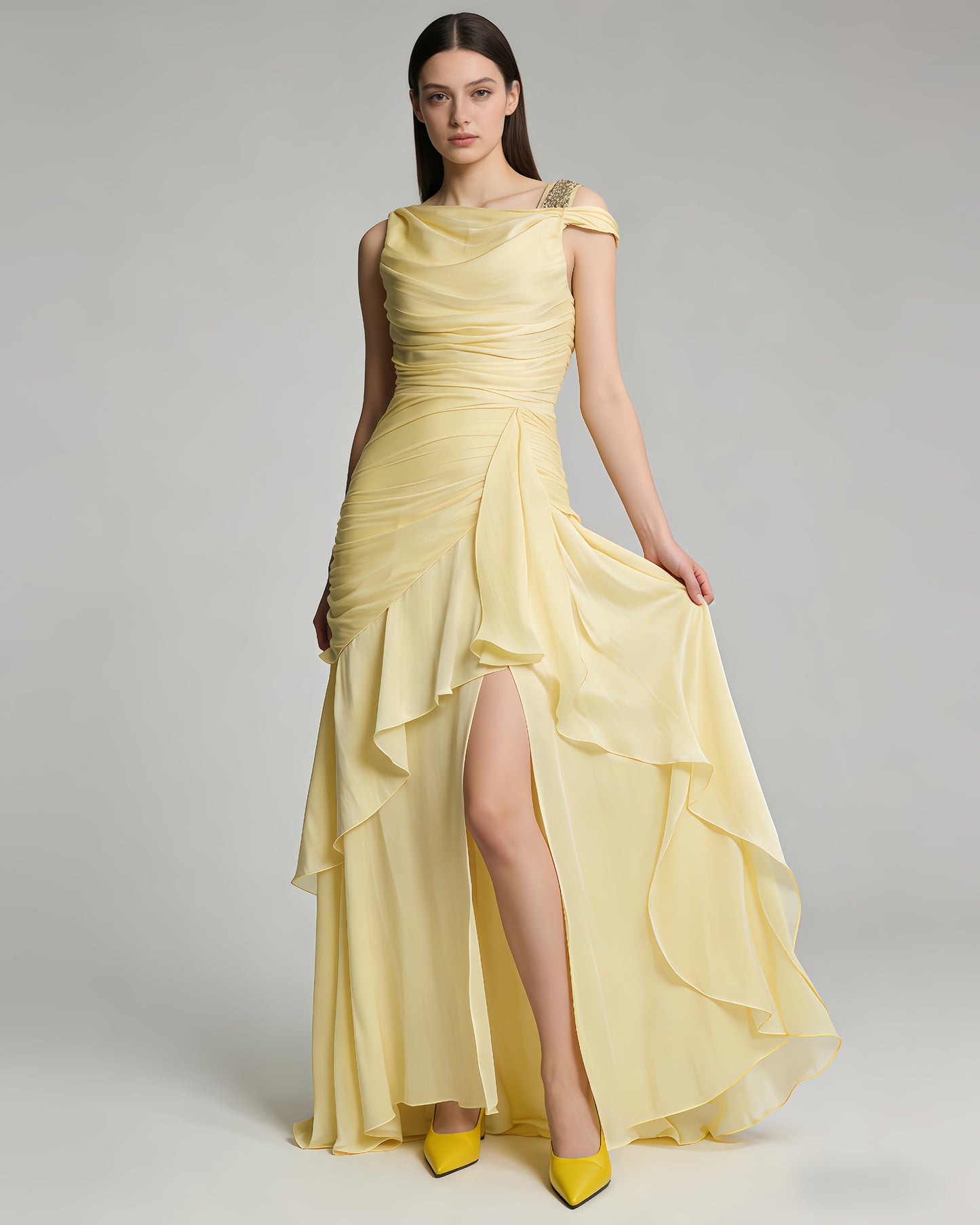 Yellow Lurex Ruched Ruffle Evening Gown
