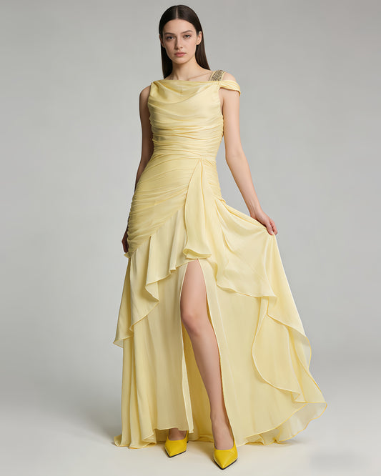 Yellow Lurex Ruched Ruffle Evening Gown
