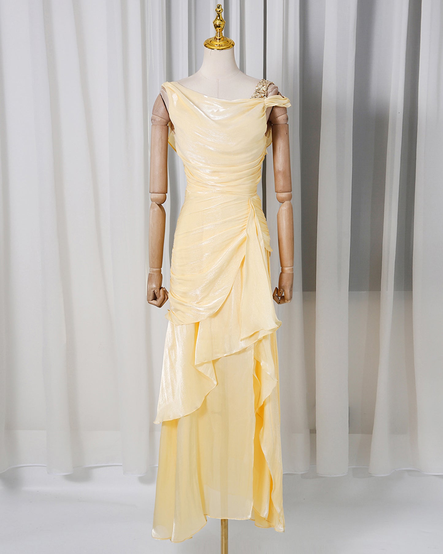 Yellow Lurex Ruched Ruffle Evening Gown
