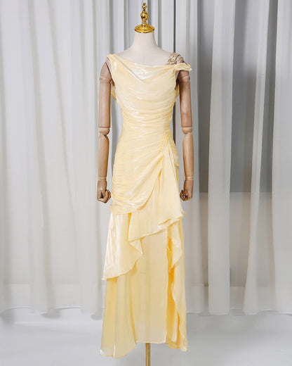 Yellow Lurex Ruched Ruffle Evening Gown