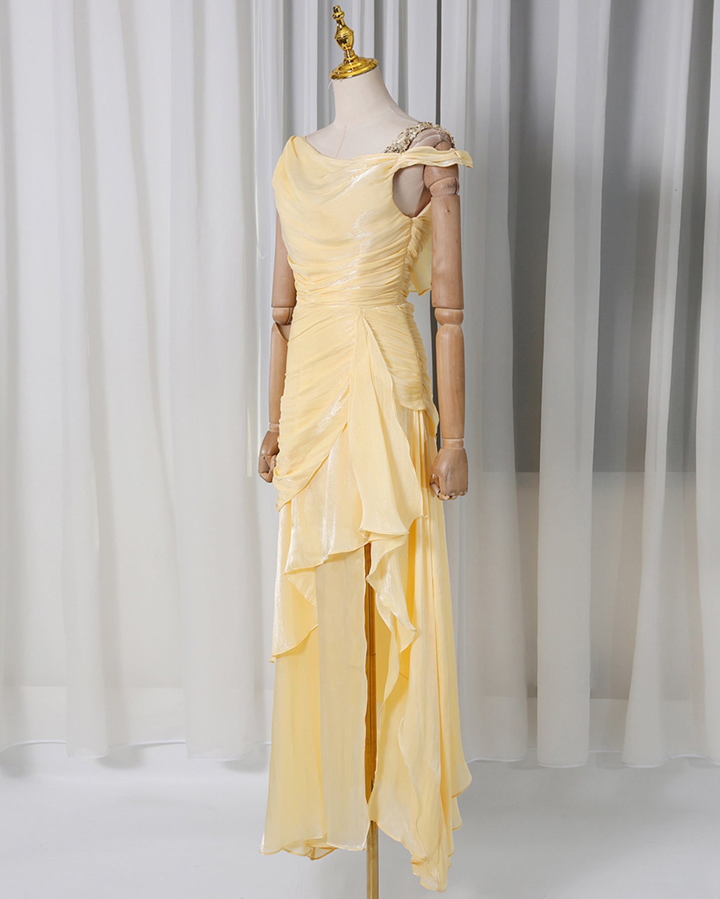 Yellow Lurex Ruched Ruffle Evening Gown