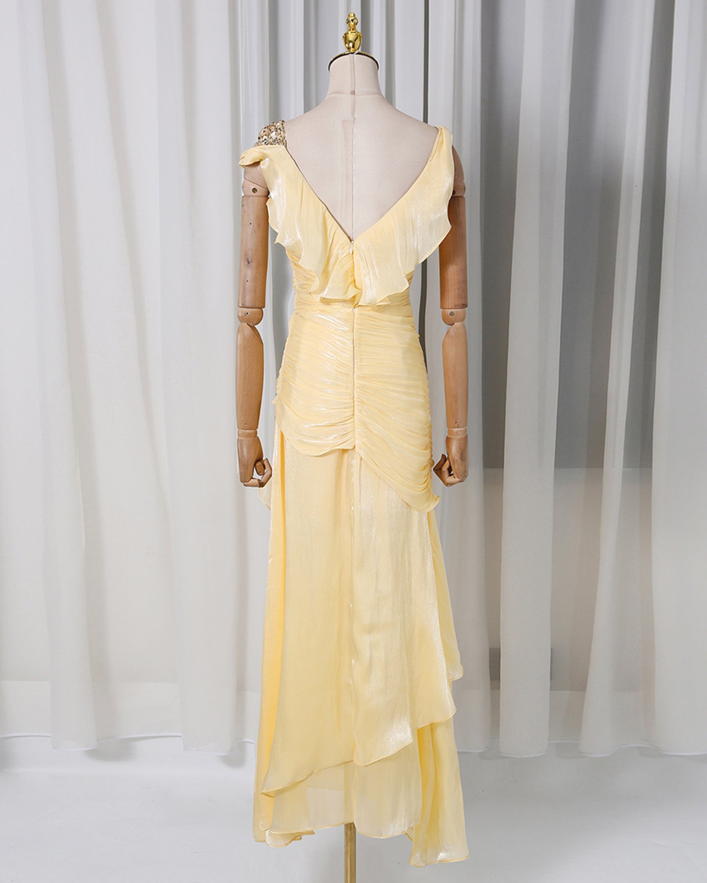 Yellow Lurex Ruched Ruffle Evening Gown