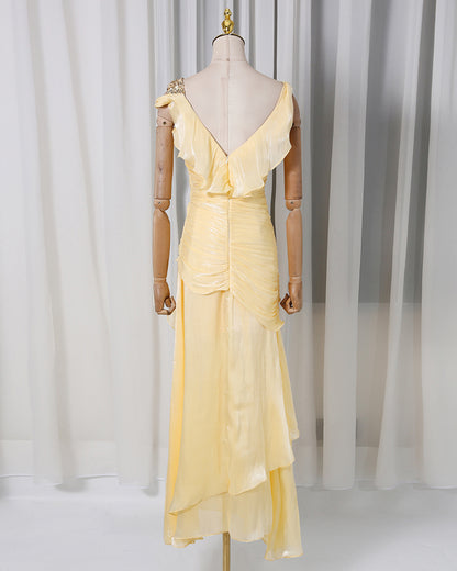 Yellow Lurex Ruched Ruffle Evening Gown