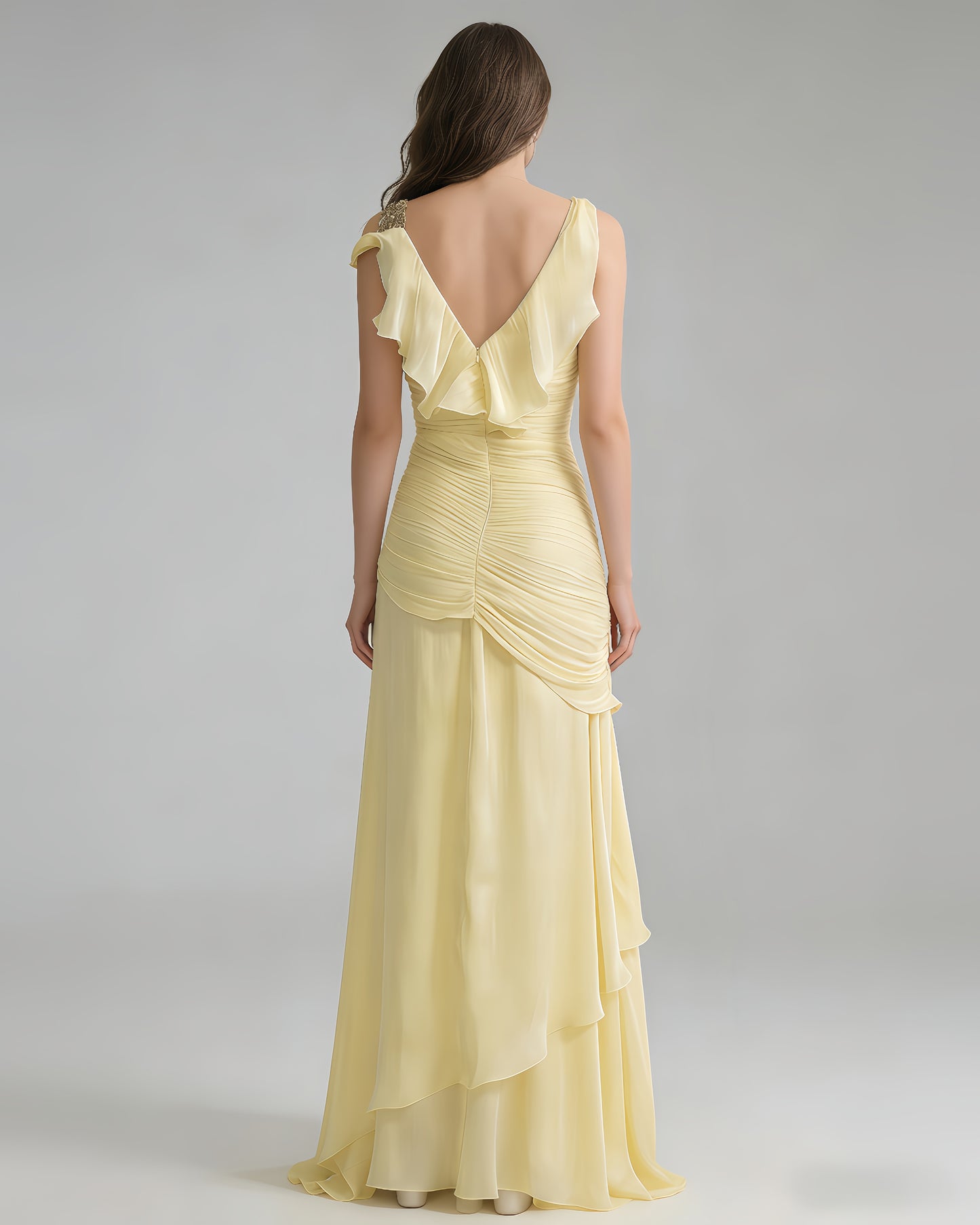Yellow Lurex Ruched Ruffle Evening Gown