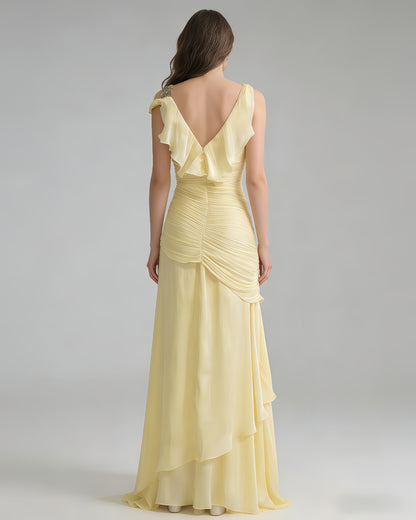 Yellow Lurex Ruched Ruffle Evening Gown