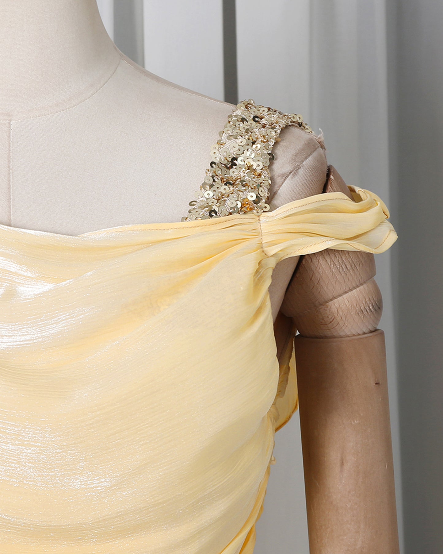 Yellow Lurex Ruched Ruffle Evening Gown