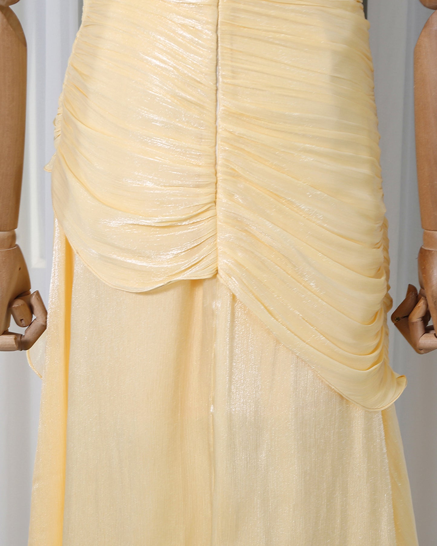 Yellow Lurex Ruched Ruffle Evening Gown