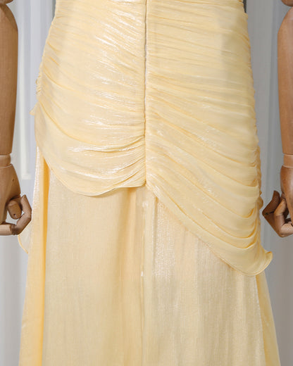 Yellow Lurex Ruched Ruffle Evening Gown