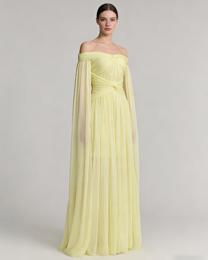 Yellow Off-Shoulder Twist Cape Sleeve Tulle Maxi Dress