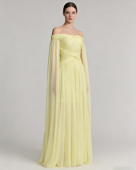 Yellow Off-Shoulder Twist Cape Sleeve Tulle Maxi Dress