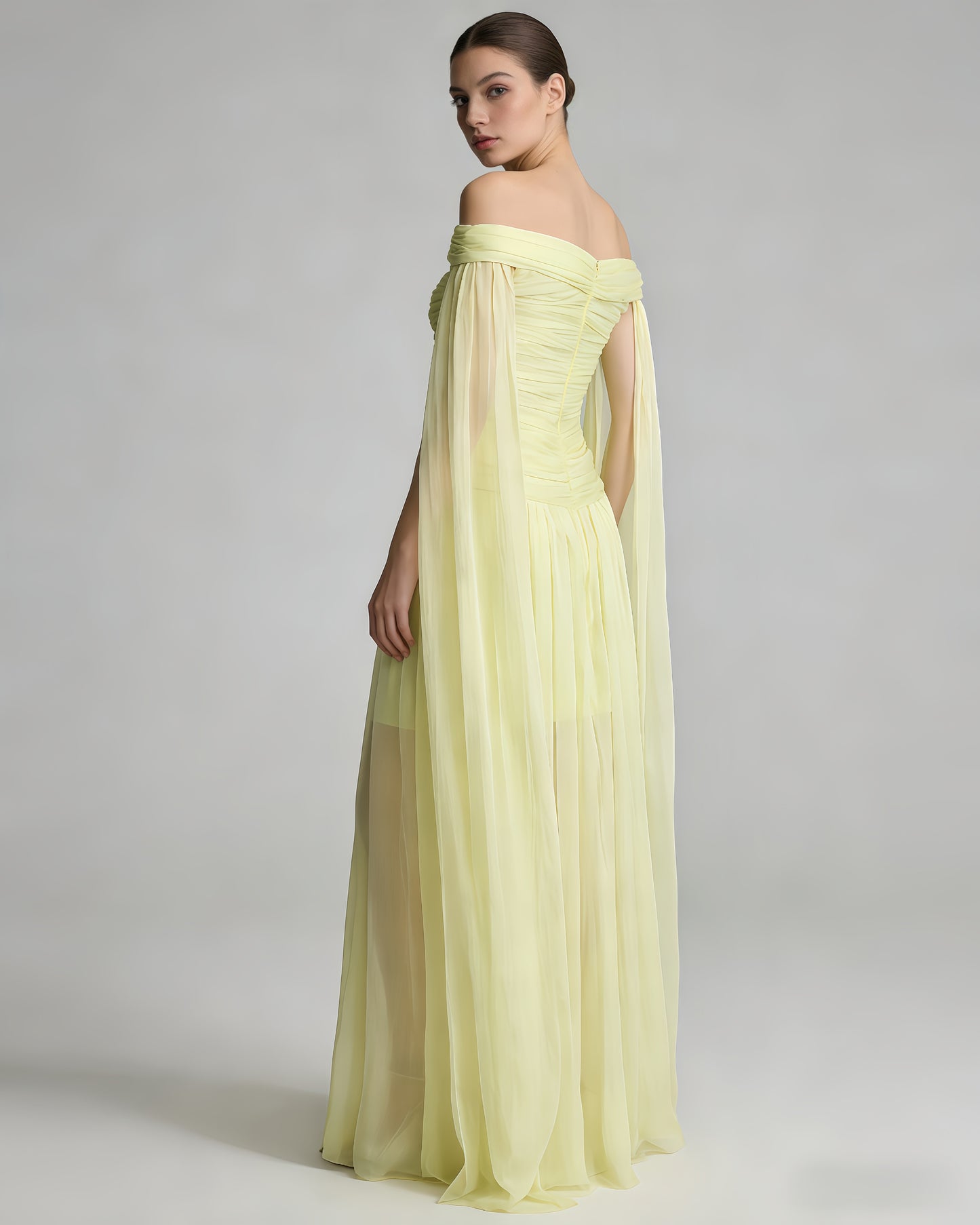 Yellow Off-Shoulder Twist Cape Sleeve Tulle Maxi Dress
