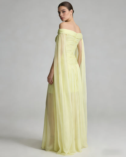 Yellow Off-Shoulder Twist Cape Sleeve Tulle Maxi Dress