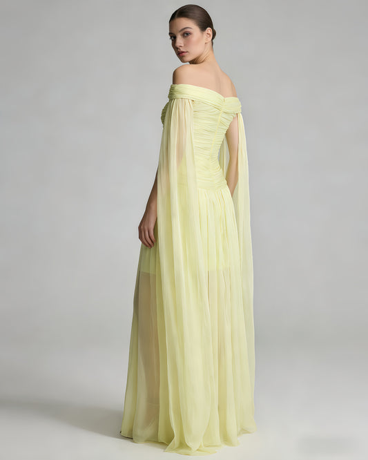 Yellow Off-Shoulder Twist Cape Sleeve Tulle Maxi Dress