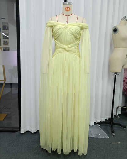 Yellow Off-Shoulder Twist Cape Sleeve Tulle Maxi Dress