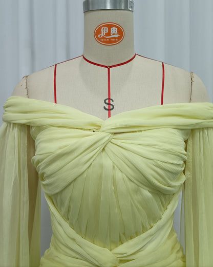 Yellow Off-Shoulder Twist Cape Sleeve Tulle Maxi Dress