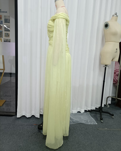 Yellow Off-Shoulder Twist Cape Sleeve Tulle Maxi Dress