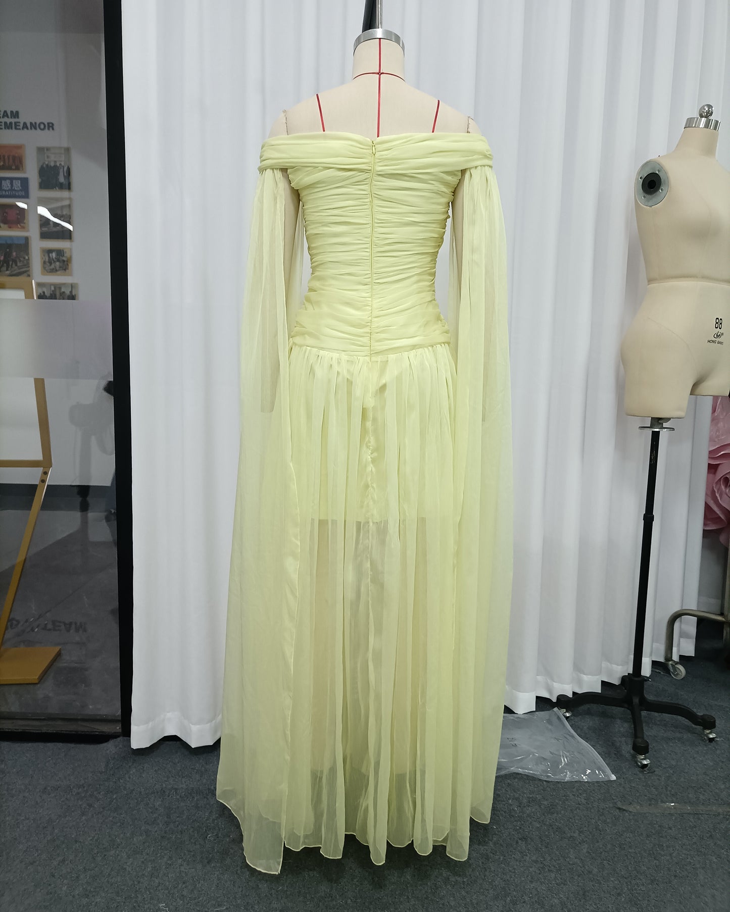 Yellow Off-Shoulder Twist Cape Sleeve Tulle Maxi Dress