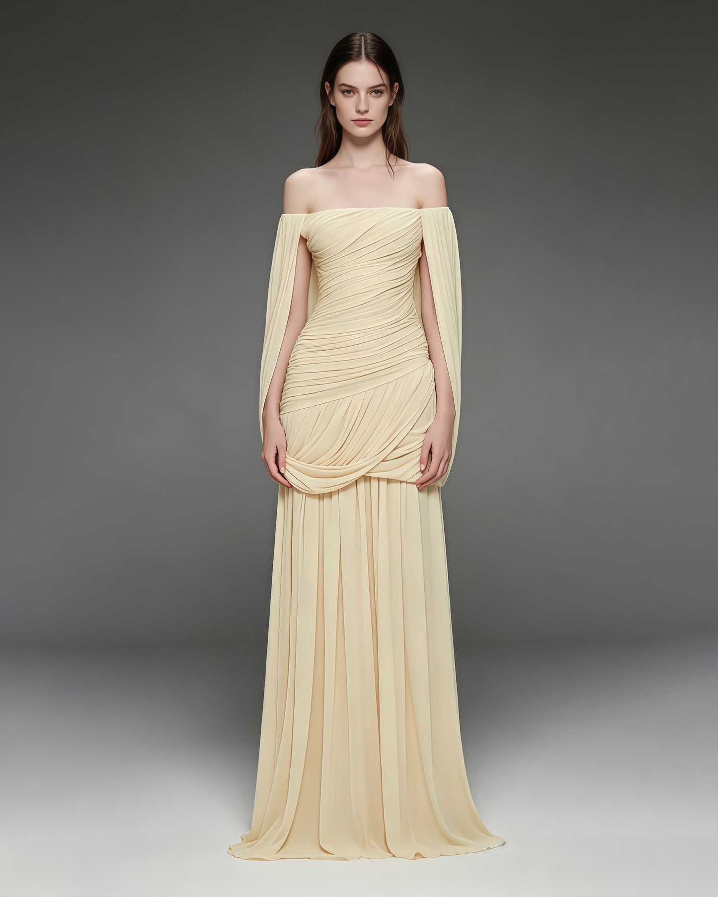 Yellow Off-the-Shoulder Ruched Maxi Dress
