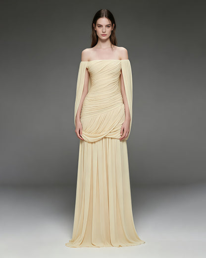 Yellow Off-the-Shoulder Ruched Maxi Dress
