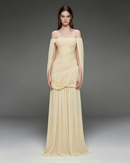 Yellow Off-the-Shoulder Ruched Maxi Dress