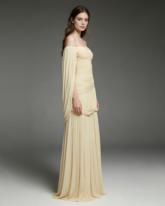 Yellow Off-the-Shoulder Ruched Maxi Dress