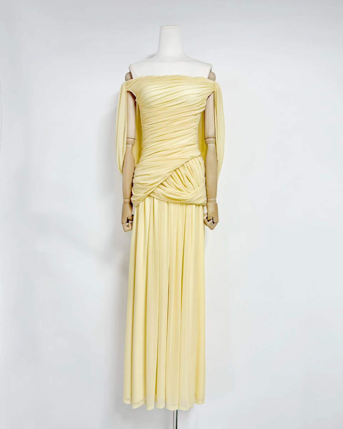 Yellow Off-the-Shoulder Ruched Maxi Dress