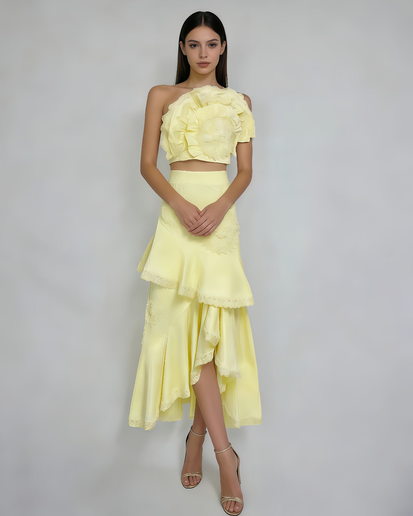 Yellow One-Shoulder Crochet Ruffle Two-Piece Set