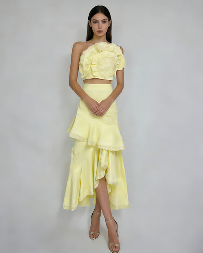 Yellow One-Shoulder Crochet Ruffle Two-Piece Set