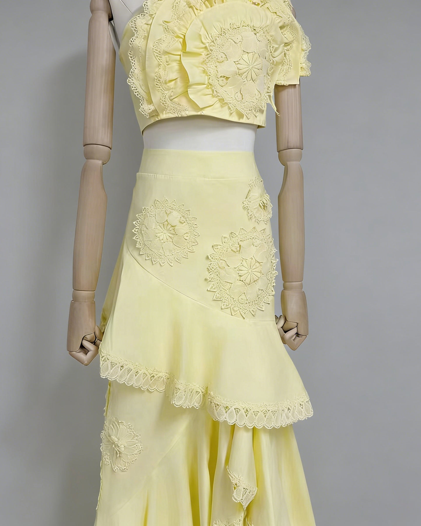 Yellow One-Shoulder Crochet Ruffle Two-Piece Set