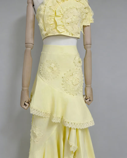 Yellow One-Shoulder Crochet Ruffle Two-Piece Set