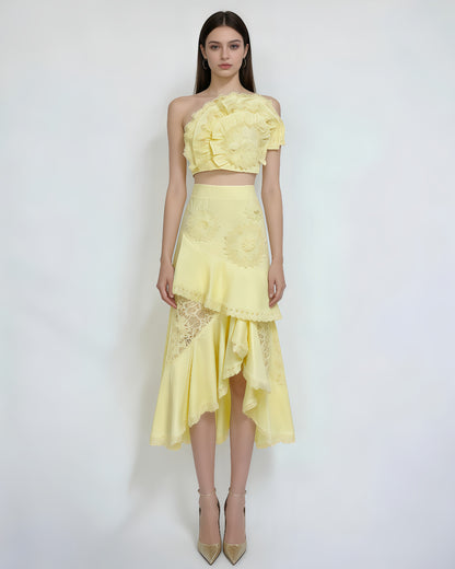 Yellow One-Shoulder Crochet Ruffle Two-Piece Set