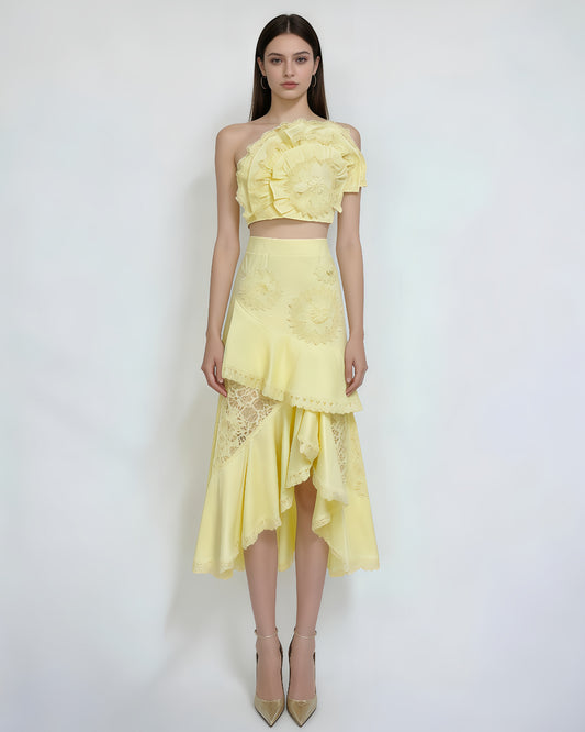 Yellow One-Shoulder Crochet Ruffle Two-Piece Set