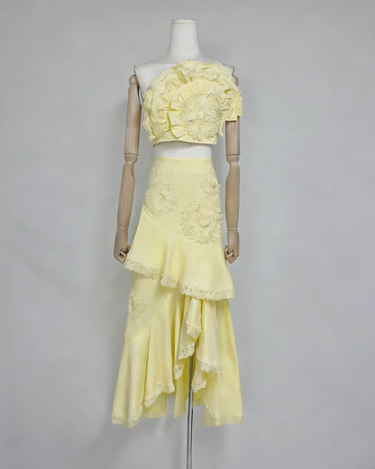Yellow One-Shoulder Crochet Ruffle Two-Piece Set
