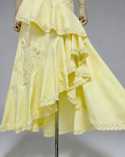 Yellow One-Shoulder Crochet Ruffle Two-Piece Set