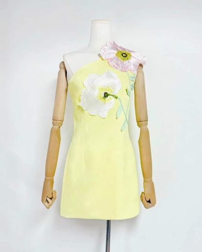 Yellow One-Shoulder Floral Appliqué Mini Dress