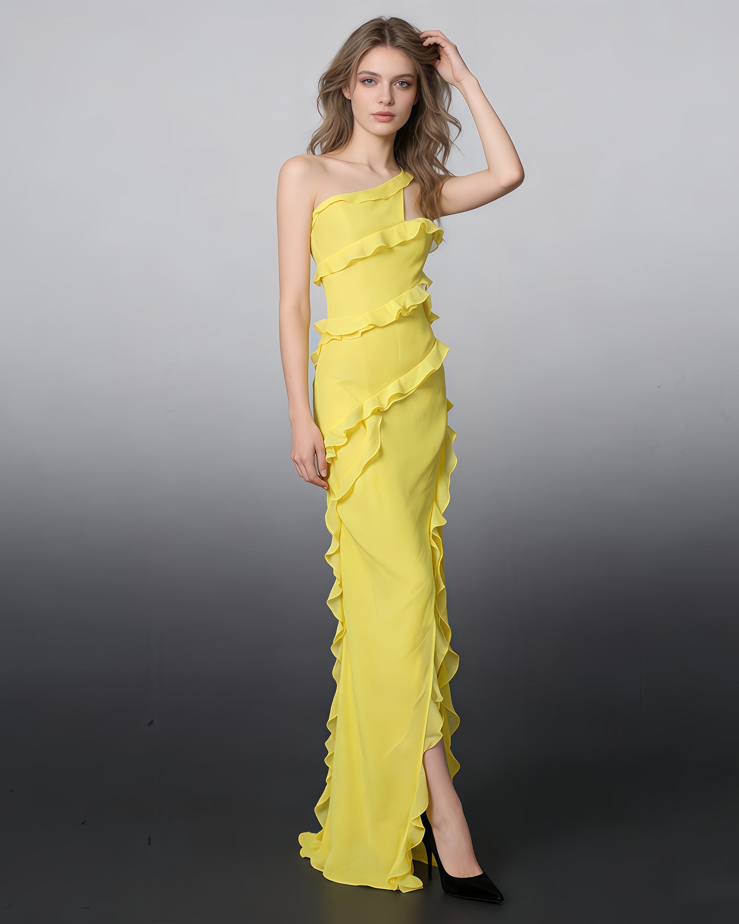 Yellow One-Shoulder Ruffle Gown