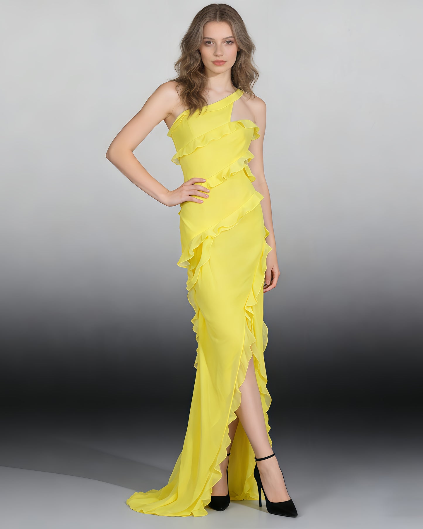 Yellow One-Shoulder Ruffle Gown