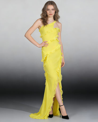 Yellow One-Shoulder Ruffle Gown