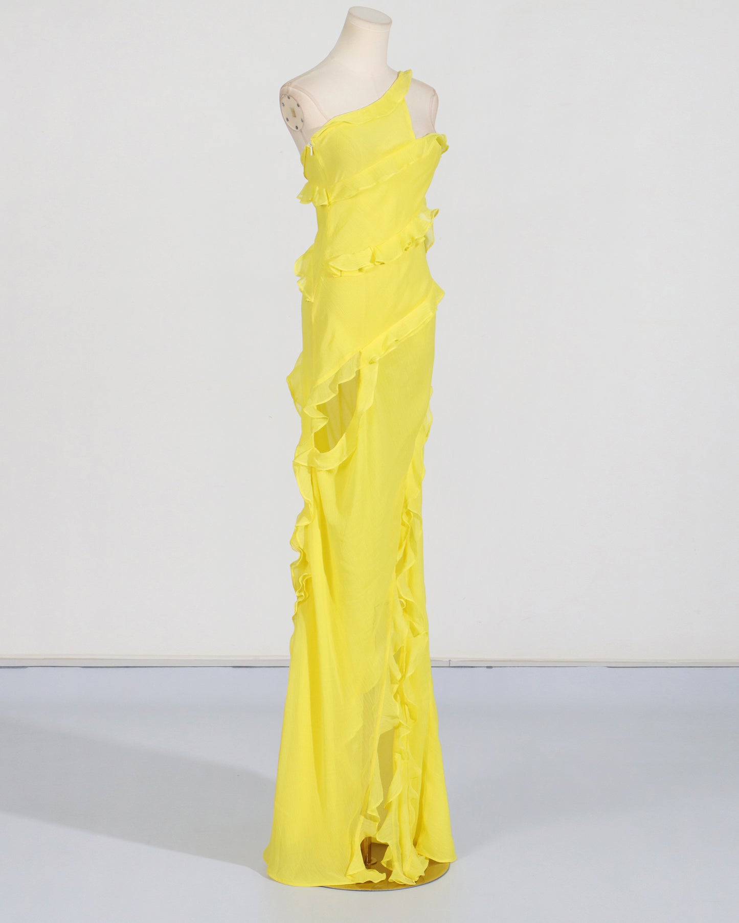 Yellow One-Shoulder Ruffle Gown