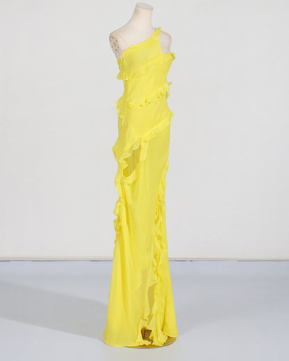 Yellow One-Shoulder Ruffle Gown